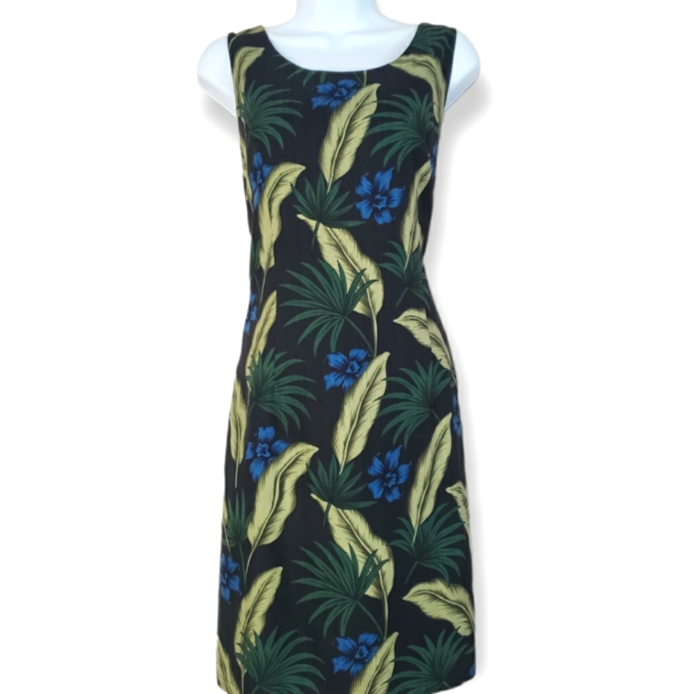NWOT Pineapple Moon black green blue floral 100% silk sheath dress Women Large